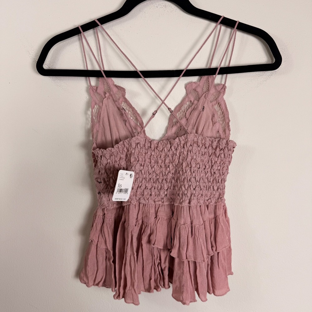Free People Mauve Lace Ruffle Cami Top Smocked Back XS F19L04406 - Picture 2 of 7